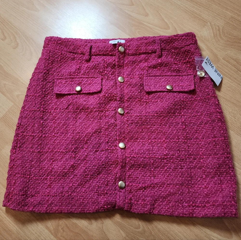 NWT Nine West Pink Tweed Mini Skirt Gold Buttons‎ Women's Size XL